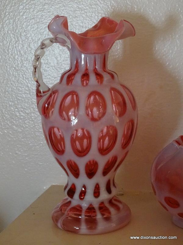 (LR) FENTON GLASS; 2 PCS. OF FENTON CRANBERRY AND OPALESCENT THUMBPRINT PATTERN- ROSE BOWL- 4 IN H
