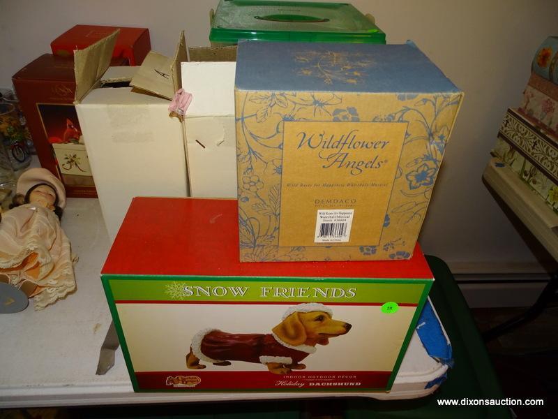 (LR) MISCELL LOT; LOT INCLUDES HOLIDAY DACHSHUND NEW IN BOX, WILDFLOWER ANGELS MUSICAL WATERBALL-
