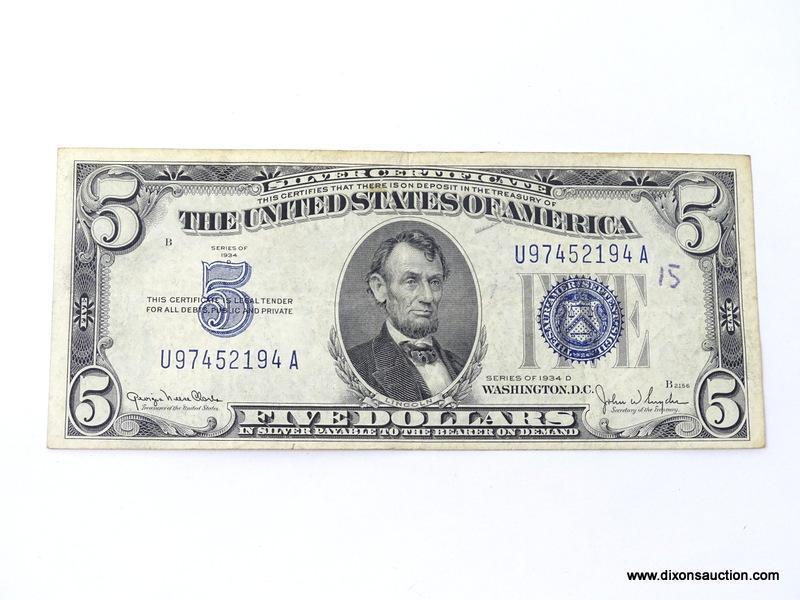 1934D FIVE DOLLAR SILVER CERTIFICATE