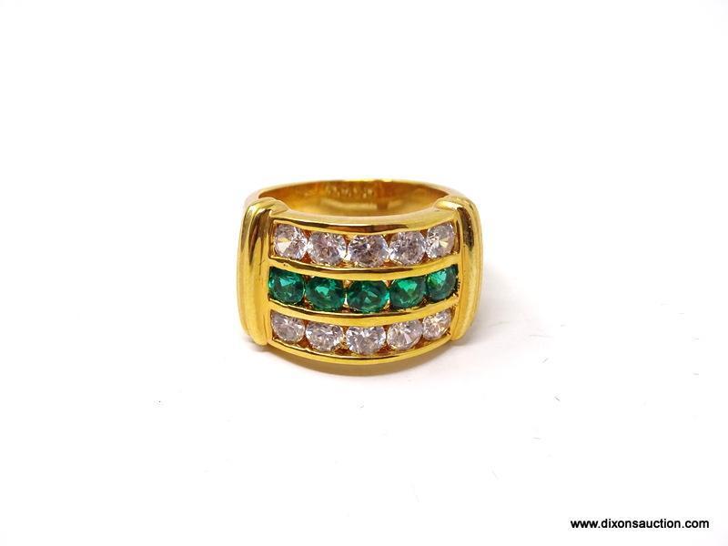 TECHNIBOND 18KT YELLOW GOLD OVER .925 STERLING SILVER RING WITH ROUND SYNTHETIC EMERALDS & CZ