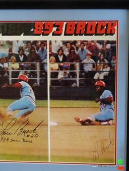 SIGNED LOU BROCK PROMOTIONAL POSTER; "LOU BROCK #20 (938 STOLEN BASES)". IS IN A BLACK FRAME WITH