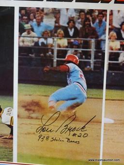 SIGNED LOU BROCK PROMOTIONAL POSTER; "LOU BROCK #20 (938 STOLEN BASES)". IS IN A BLACK FRAME WITH