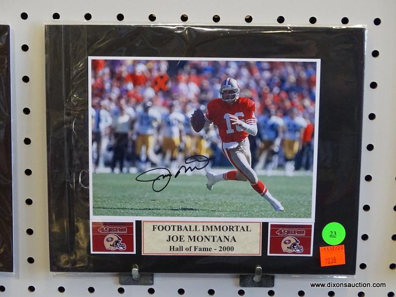 SIGNED 49ERS PHOTOGRAPH; IS OF AND SIGNED BY JOE MONTANA (NFL HALL OF FAMER - 2000). HAS A COA ON