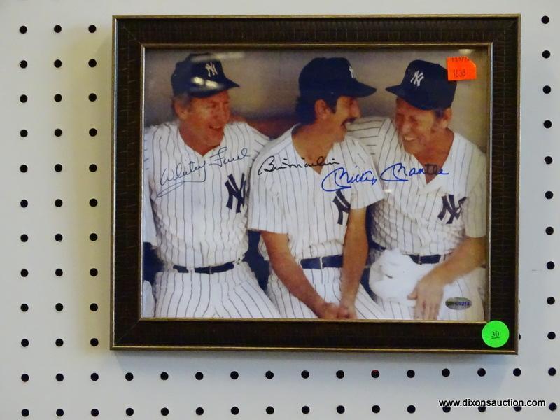 SIGNED NEW YORK YANKEES PHOTOGRAPH; SHOWS WHITEY FORD, BILLY MARTIN, AND MICKEY MANTLE SITTING
