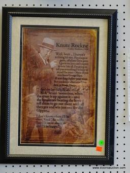 KNUTE ROCKNE FRAMED QUOTE; FRAMED QUOTE FROM KNUTE ROCKNE IN THE YANKEE STADIUM (1928) "WELL,