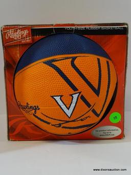 YOUTH SIZE RUBBER BASKETBALL; IS BRAND NEW IN THE BOX AND HAS THE UVA LOGO ON THE FRONT.