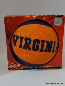 YOUTH SIZE RUBBER BASKETBALL; IS BRAND NEW IN THE BOX AND HAS THE UVA LOGO ON THE FRONT.