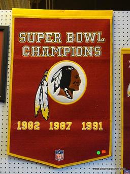 REDSKINS SUPERBOWL CHAMPIONS PROMOTIONAL BANNER; FOR THE YEARS 1982, 1987, AND 1991. IS IN EXCELLENT