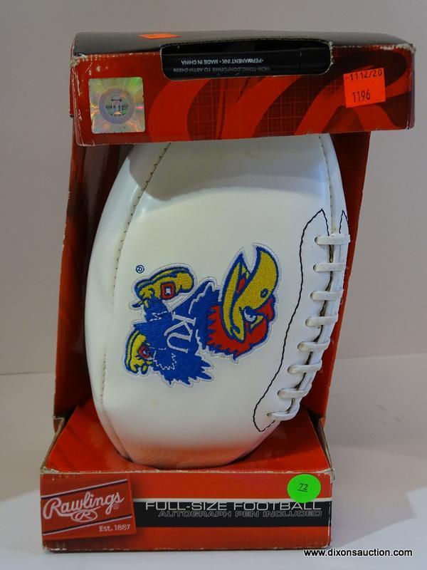 RAWLINGS FULL SIZE FOOTBALL; IS JAYHAWKS THEMED AND BRAND NEW IN THE BOX.