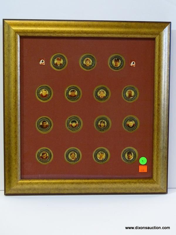 REDSKINS COIN SET; 75TH ANNIVERSARY COIN SET IN GOLD TONE FRAME WITH HEAVY MUSEUM QUALITY GLASS. IS