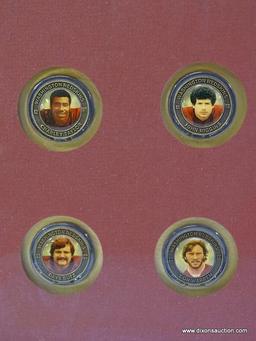 REDSKINS COIN SET; 75TH ANNIVERSARY COIN SET IN GOLD TONE FRAME WITH HEAVY MUSEUM QUALITY GLASS. IS