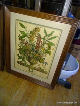 (LR) PAIR OF FLORAL PRINTS; 1 IS "OCTOBER" AND 1 IS "JANUARY". BOTH ARE IN MAHOGANY FRAMES AND