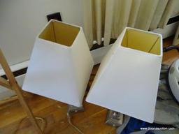 (LR) PAIR OF LAMPS; INCLUDES 2 SQUARE BASE SILVER TONED LAMPS WITH SQUARE SHADES. HAVE NOT BEEN