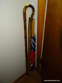 (LR) WALKING LOT; INCLUDES A WALKING CANE AND A SMALL WALKING STICK. ALSO INCLUDES AN UMBRELLA.