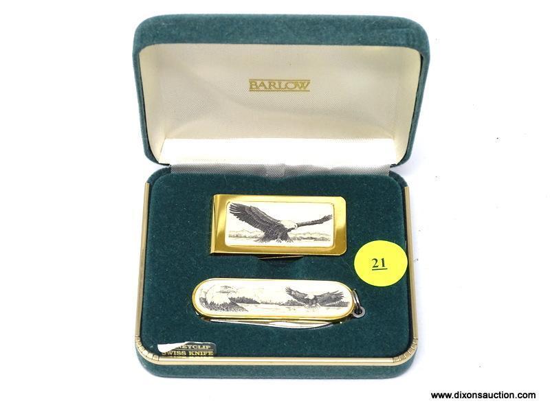 BARLOW SWISS KNIFE AND MONEY CLIP SET WITH DETAILED BALD EAGLES. COMES IN ORIGINAL GIFT SET BOX.