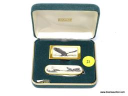 BARLOW SWISS KNIFE AND MONEY CLIP SET WITH DETAILED BALD EAGLES. COMES IN ORIGINAL GIFT SET BOX.