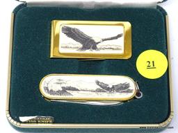 BARLOW SWISS KNIFE AND MONEY CLIP SET WITH DETAILED BALD EAGLES. COMES IN ORIGINAL GIFT SET BOX.