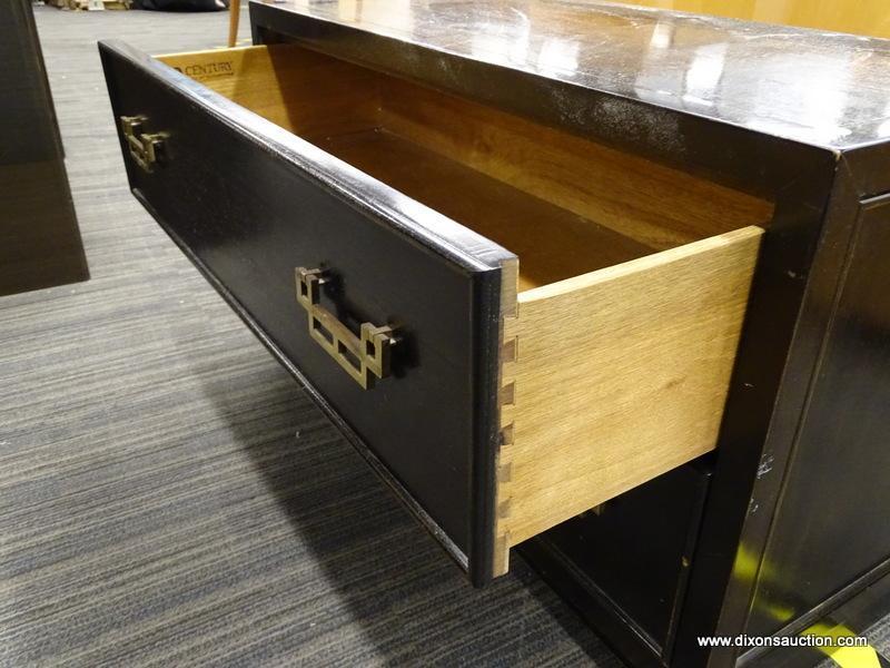 CENTURY FURNITURE 2 DRAWER CHEST; BLACK CHEST WITH BRASS HANDLES AND DOVETAILED DRAWERS. IS IN GOOD