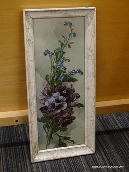 FRAMED FLORAL PRINT; IS IN A DISTRESSED WHITE FINISH FRAME WITH PURPLE AND BLUE FLOWERS. IS IN GOOD