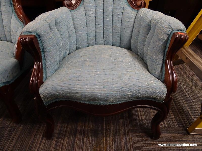 NEWLY REUPHOLSTERED VICTORIAN GENTLEMANS CHAIR; HAS A LIGHT BLUE UPHOLSTERY WITH MAHOGANY BONES. HAS