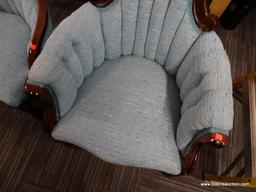 NEWLY REUPHOLSTERED VICTORIAN GENTLEMANS CHAIR; HAS A LIGHT BLUE UPHOLSTERY WITH MAHOGANY BONES. HAS