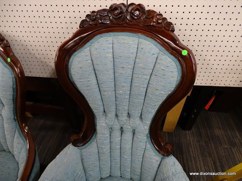 NEWLY REUPHOLSTERED VICTORIAN GENTLEMANS CHAIR; HAS A LIGHT BLUE UPHOLSTERY WITH MAHOGANY BONES. HAS