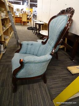 NEWLY REUPHOLSTERED VICTORIAN GENTLEMANS CHAIR; HAS A LIGHT BLUE UPHOLSTERY WITH MAHOGANY BONES. HAS