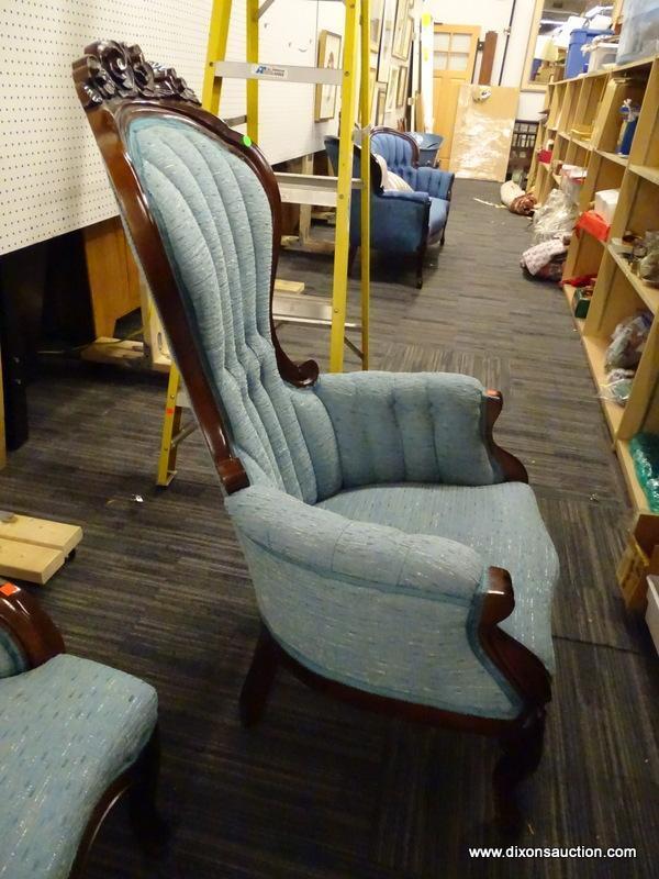 NEWLY REUPHOLSTERED VICTORIAN GENTLEMANS CHAIR; HAS A LIGHT BLUE UPHOLSTERY WITH MAHOGANY BONES. HAS