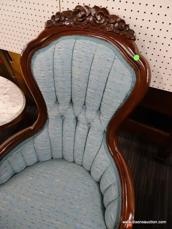 NEWLY REUPHOLSTERED VICTORIAN LADIES CHAIR; HAS A LIGHT BLUE UPHOLSTERY WITH MAHOGANY BONES. HAS A