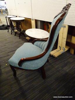 NEWLY REUPHOLSTERED VICTORIAN LADIES CHAIR; HAS A LIGHT BLUE UPHOLSTERY WITH MAHOGANY BONES. HAS A