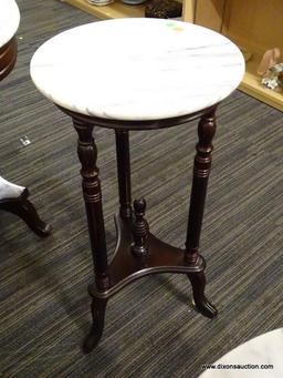 VICTORIAN MARBLE TOP PLANT STAND; HAS A WHITE MARBLE TOP AND MAHOGANY BONES WITH A LOWER CENTER