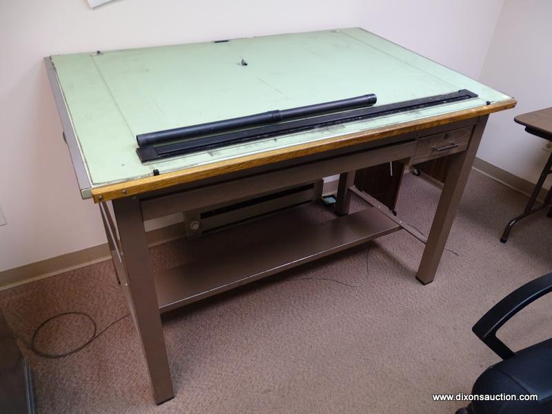 (RM2) MAYLINE COMPANY WOOD AND METAL DRAFTING TABLE. MEASURES 60" X 38.5" 37.5".
