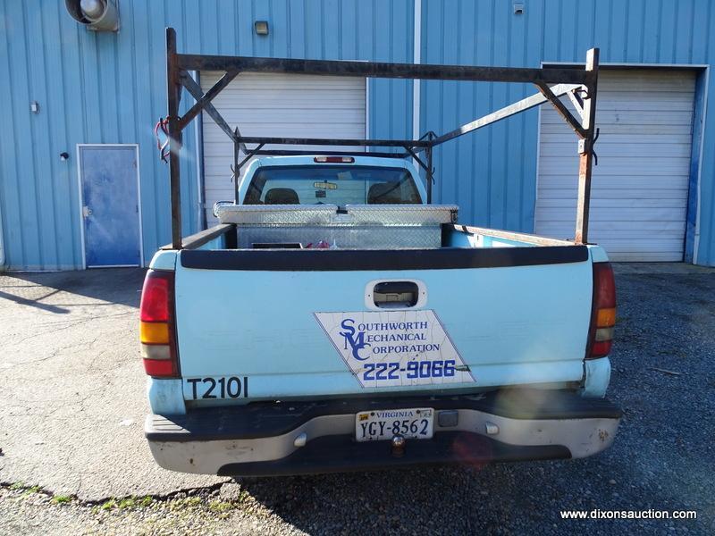 2001 CHEVROLET 1500 PICKUP TRUCK. LADDER RACK AND REAR TOOL BOX. ESTIMATED 229,210 MILES +/-.