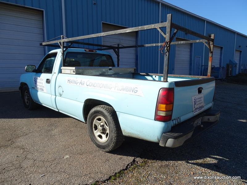 2001 CHEVROLET 1500 PICKUP TRUCK. LADDER RACK AND REAR TOOL BOX. ESTIMATED 229,210 MILES +/-.