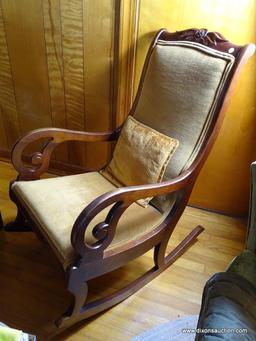 (FRM) ROCKER ; MAHOGANY ROCKER GOLD VELVET UPHOLSTERY ; 22 IN X 33 IN X 43 IN EXCELLENT CONDITION