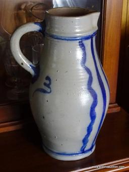 (FRM) STONEWARE PITCHER ; GERMAN BLUE STRIPED STONEWARE PITCHER 12 IN H