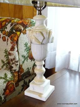 (FRM) PAIR OF LAMPS ; PAIR OF CARVED ALABASTER LAMPS WITH SHADES 28 IN H