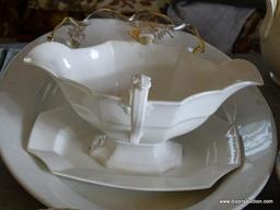 (FRM) LOT OF GLASS AND PORCELAIN ; 6 PORCELAIN PLATES, 16 IN IRONSTONE PLATTER , GOLD PAINTED DISH ,