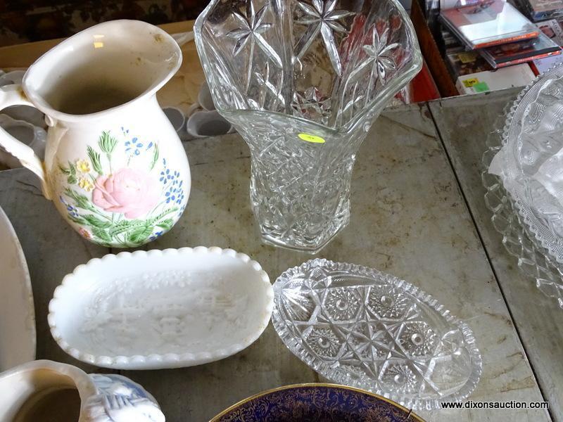 (FRM) LOT OF GLASS AND PORCELAIN ; 6 PORCELAIN PLATES, 16 IN IRONSTONE PLATTER , GOLD PAINTED DISH ,