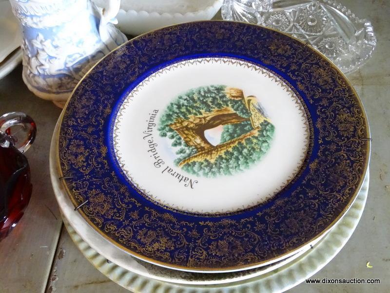 (FRM) LOT OF GLASS AND PORCELAIN ; 6 PORCELAIN PLATES, 16 IN IRONSTONE PLATTER , GOLD PAINTED DISH ,