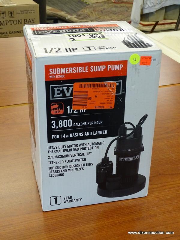 EVERBILT SUBMERSIBLE SUMP PUMP; HAS 1/2 HP MOTOR AND CAN PUMP 3,800 GALLONS PER HOUR. FOR 14" BASINS