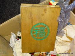 BOX LOT OF ASSORTED ITEMS; INCLUDES A CHINESE "EIGHT FAIRIES FESTIVAL" BOOK, VARIOUS ASSORTED WOODEN