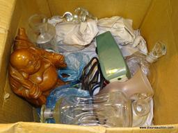 BOX LOT OF ASSORTED ITEMS; INCLUDES A WOODEN CARVED BUDDHA, A GREEN HAEGER FLOWER VASE, DECANTERS,