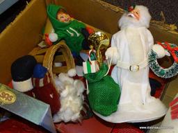 BOX OF ASSORTED CHRISTMAS ITEMS; INCLUDES ASSORTED ANNA LEE CHRISTMAS DOLLS, A SANTA BASKET, A