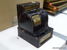 COIN BANK; VINTAGE CASH REGISTER SHAPED COIN BANK IN GOOD WORKING CONDITION. HAS SOME WEAR.