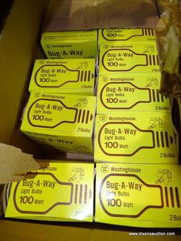 BOX LOT OF LIGHT BULBS; INCLUDES A WIDE ASSORTMENT OF VARIOUS LIGHT BULBS IN THE ORIGINAL PACKAGES.