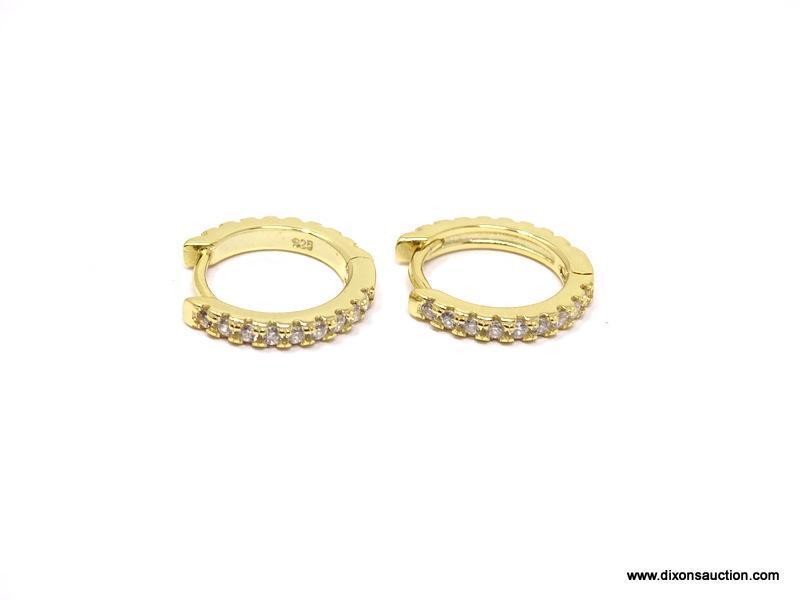 YELLOW GOLD PLATED WHITE TOPAZ HOOP EARRINGS. NEW HIGH QUALITY STERLING SILVER.