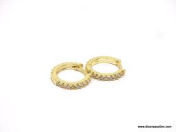 YELLOW GOLD PLATED WHITE TOPAZ HOOP EARRINGS. NEW HIGH QUALITY STERLING SILVER.