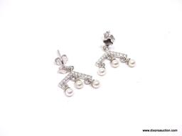 PEARL & WHITE TOPAZ CHANDELIER EARRINGS. NEW HIGH QUALITY STERLING SILVER.