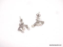 PEARL & WHITE TOPAZ CHANDELIER EARRINGS. NEW HIGH QUALITY STERLING SILVER.